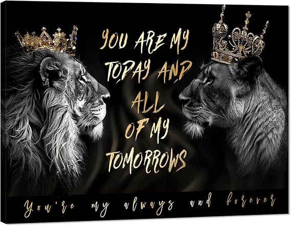 King Queen Lion Couple Canvas Wall Art, Black & White Lion Wall Decor