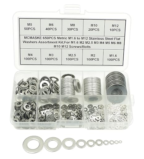 Metric M1.6 to M12 Flat Washers Assortment Kit,304 Stainless Steel,for M1.6 M2 M2.5 M3 M4 M5 M6 M8 M10 M12 Screws/Bolts