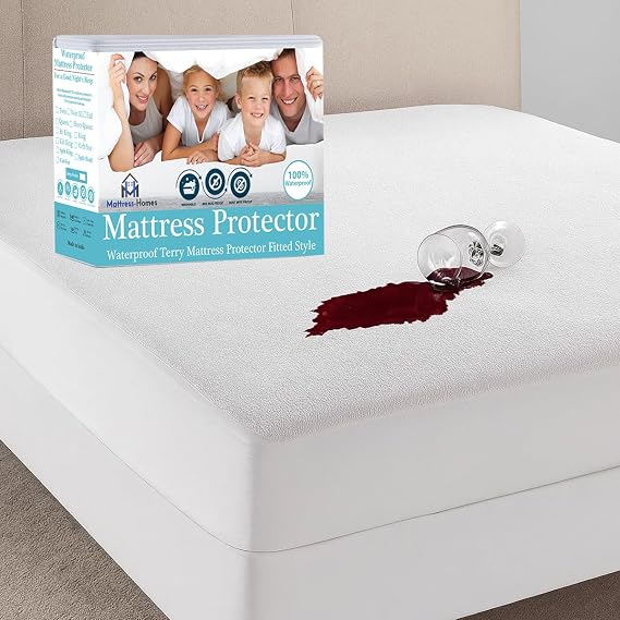 Mattress-Homes Mattress Protector Queen Size Bed Waterproof Fitted Sheet Machine Washable Terry Cotton Mattress Cover, Breathable Skin Friendly and Noiseless White