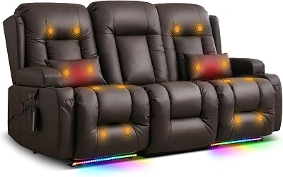 TUNYI Power Loveseat Recliner Sofa with Massage & Heat Home Theater Seating with Console RV Recliner Loveseat Sofa with USBOutletStorageSide PocketLED LightSpeaker Brown, 3 Seat