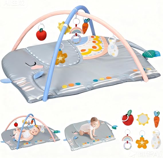 Baby Play Gym Tummy Time Mat, Oversize Elephant Activity Mat with 6 Detachable Toys, Promote Motor Skills & Sensory Development Mat, Newborn Infant Baby Essentials Gift