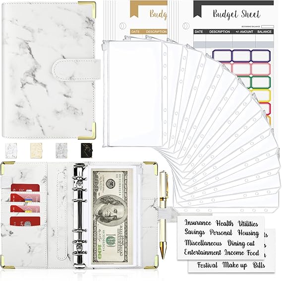 Budget Binder, Cash Envelopes for Budgeting, Money Organizer for Cash, 28Pcs Budget Binder with Cash Envelopes, Marble 6-Ring Money Saving Binder(White)