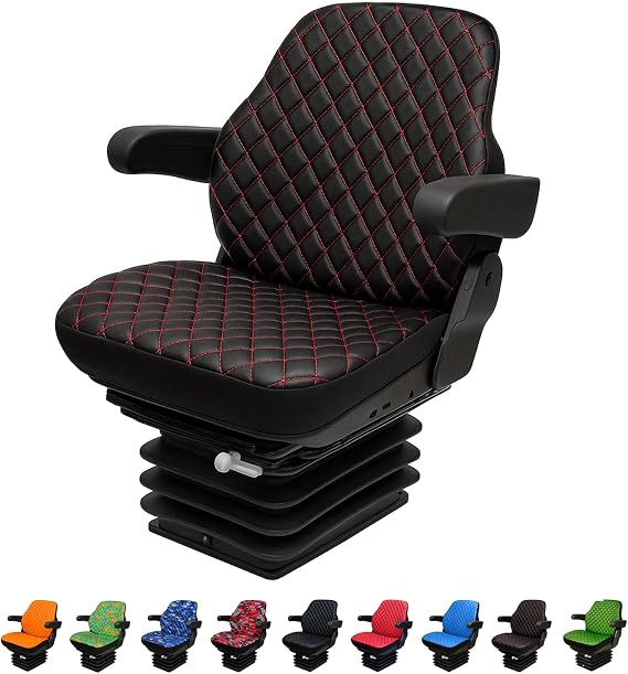 Heavy Duty Tractor Seat Cover for Cabinet Tractors Without Headrest, Forklift Seat Cover, Camuflage Pattern, 8 Colors (Black Leather - Red Stitches)