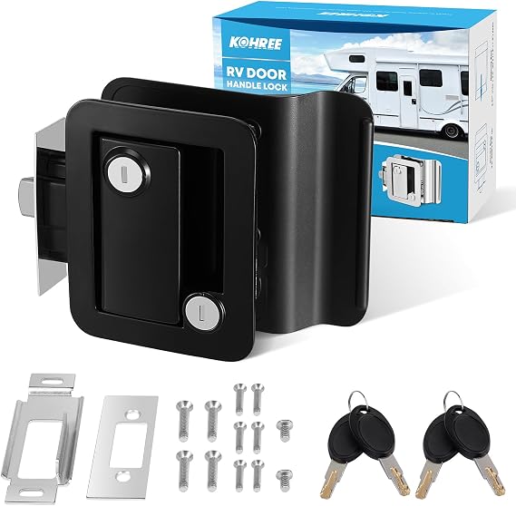 Kohree RV Door Lock Replacement with Paddle Deadbolt, 100% Zinc Alloy | Camper Door Handle Latch, RV Enclosed Travel Trailer Entry Door Lock with Keys for Camper Horse Trailer Cargo, Black