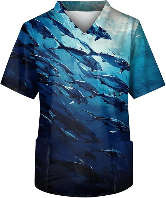 Scrubs for Men V Neck Printed Scrub Tops Plus Size Soft Nurse Funny Uniform Shirts with 3 Pockets
