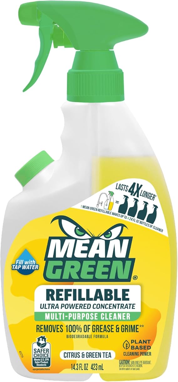 Mean Green Refillable Ultra Powered Multi-Purpose Cleaner Concentrate, Citrus & Green Tea, 14.3 fl oz Plant & Mineral Based, Cuts Through Grease & Grime, Refillable Bottle Makes 4X Refills