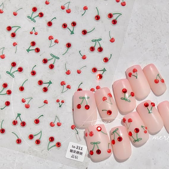 TailaiMei Cherry Nail Stickers, Fruit Self-Adhesive Nail Art Decals for DIY Nail Decorations (518)