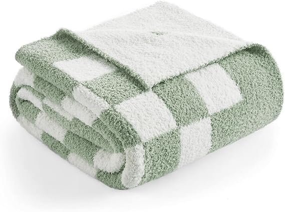 Snuggle Sac Checkered Throw Blanket for Couch, Super Soft, Cozy Warm Knit Blankets, Reversible Plaid Fluffy Throws for Sofa, Bed, Checkered Sage Green, 50x60 Inches