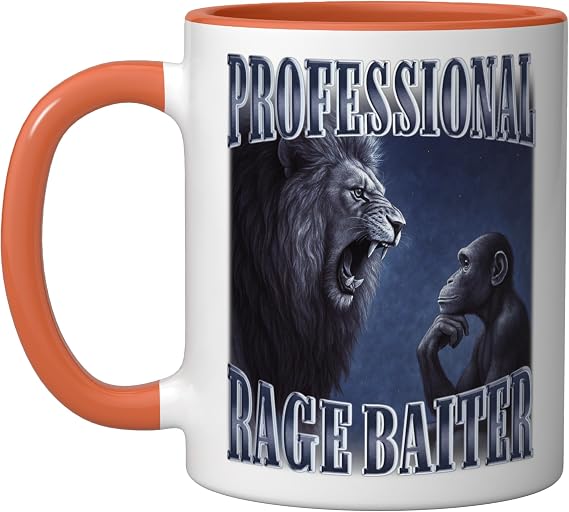 Professional Ragebait Meme Joke Hilarious Monkey Lion Ceramic Mug, Orange/White