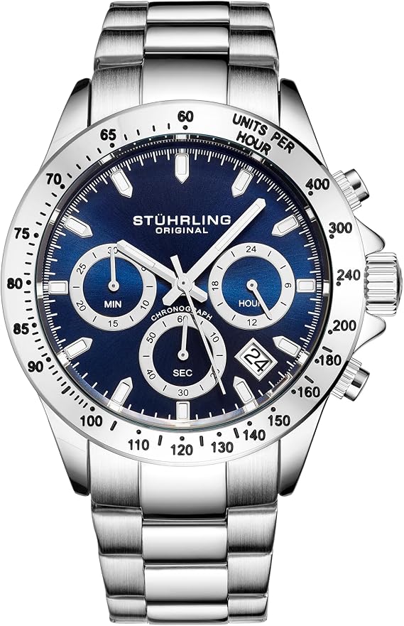 Stührling Original Men's Chronograph Watch Stainless Steel Bracelet with Screw Down Crown Water Resistant 100m Analog Dial Quartz Movement, blue, Chronograph, Quartz Movement