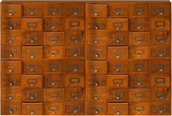 Huge Modular Stackable Against Wall 64-Drawer Apothecary Curio Cabinet Vintage Wood - Card Catalog Library Desk Storage Box Drawer w/ Label Holders Handles - Multi Level Countertop and Craft Organizer