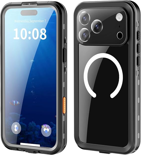 IP68 Waterproof Case for iPhone 17 ProMax, MagSafe Compatible, Black | Shockproof silicone shell, built-in screen protector, wireless charging, focus slider for underwater photography