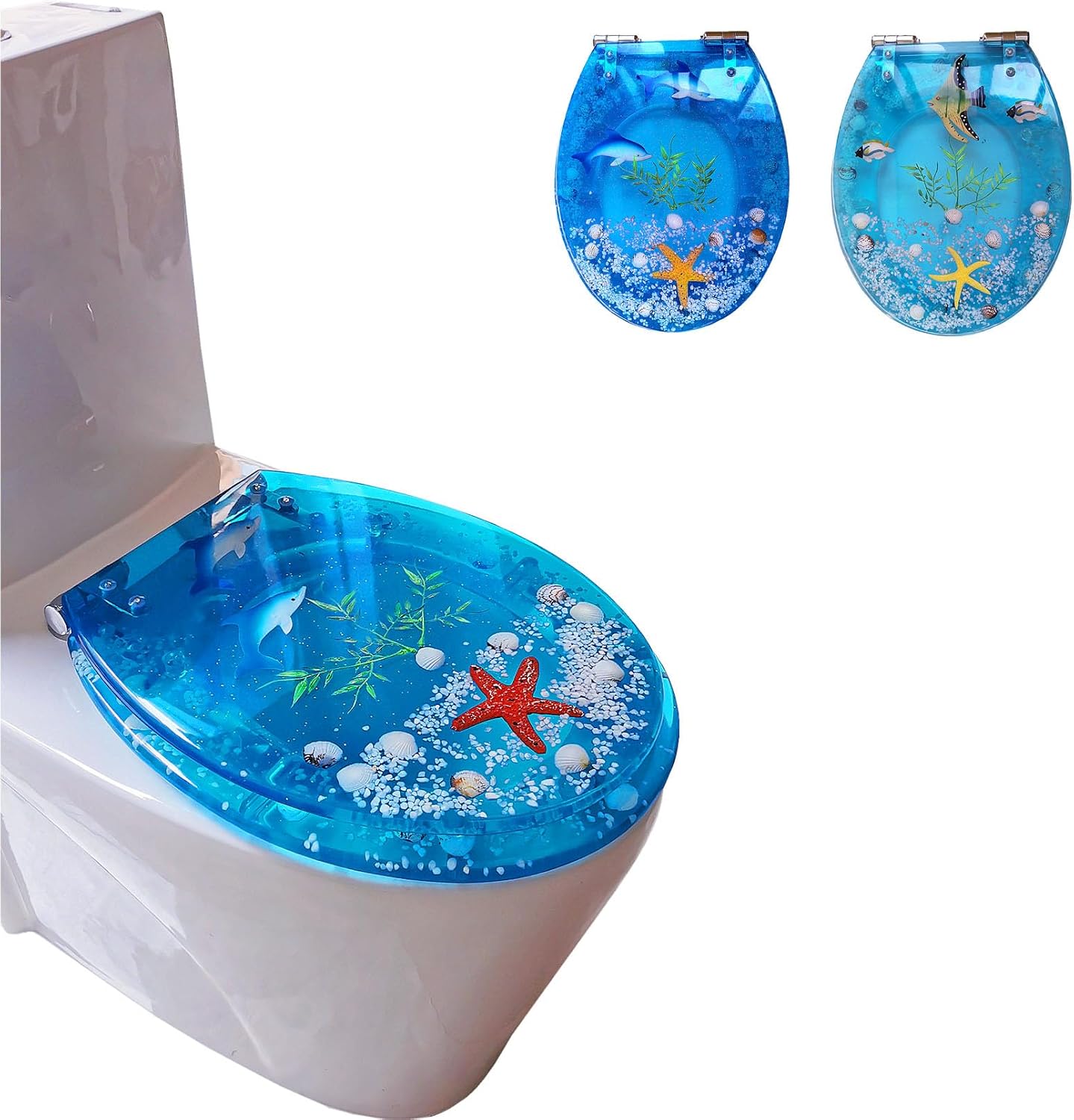 Resin Toilet Seat, Soft Close WC Seat with Strong Hinge Ideal for Standard Toilet Quick Release Easy Clean Bathroom Blue Ocean Yellow Starfish Toilet Seat Lid Blue Dolphin