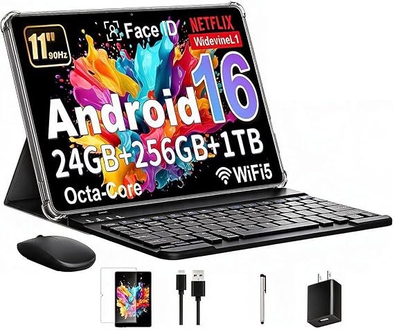 2026 Android 16 Tablet 10 Inch with Gemini AI, 24GB RAM + 256GB ROM /2TB TF, T7250 Octa-Core Processor, 1920x1200 FHD IPS Display, 8000mAh, GPS, Widevine L1, 2-in-1 Tablet with Keyboard Mouse Stylus