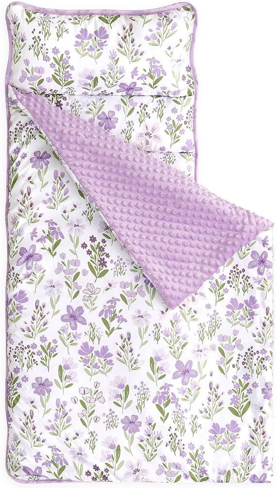 Wake In Cloud - Toddler Nap Mat with Pillow and Minky Fleece Blanket, for Kids Girls Ages 3 Plus in Daycare Preschool Kindergarten, Roll Up Sleeping Bag, Floral Flowers