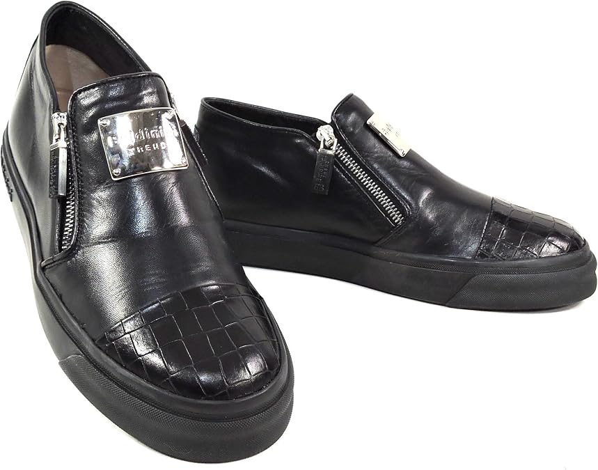 Baldinini Womens Black Leather Sneakers, Two Zip Closure, Croc-Embossed Toe, Comfort Fashion Shoes