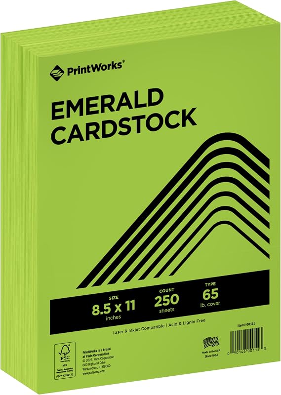 PrintWorks Bright Emerald Green Colored Cardstock 8.5 x 11 - 65 lb/176 gsm - 250 Sheets - Made in the USA - FSC Certified - Acid-Free & Fade-Resistant - Printer & Cut Machine Compatible (00115)