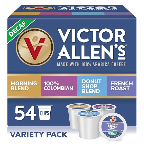 Victor Allen's Coffee Decaf Variety Pack, 54 Count, Single Serve Coffee Pods for Keurig K-Cup Brewers | 4 decaf roasts, 100% Arabica beans, Keurig 2.0 compatible, Less than 5 mg caffeine per serving, Kosher-OU pareve