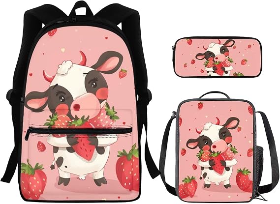 Strawberry Backpack for Girls with Lunchbox Cow Girls Small Backpack for Girls 10-12 School Backpacks for Elementary Scchool Bags Pink Backpacks with Water Bottle Pocket
