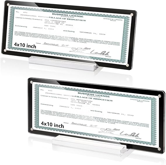 2 Pack 4x10 Business License Holder Magnetic Acrylic Business License Display Frame with Base Black Business License Certificate Frame Tabletop for Desk Office House