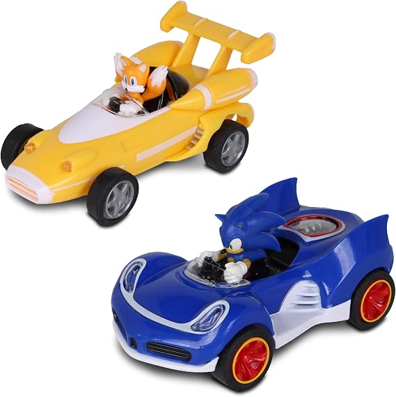NKOK Sonic Transformed All-Stars Racing 2 Pack Pull Back Action: Tails and Sonic Hedgehog, Two Vehicles, Video Game Legends, No Batteries Required, Pull Back Release - and Watch it go