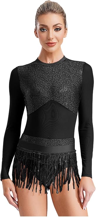 JanJean Women's Sequins Long Sleeve Mesh Tassel Latin Jazz Tango Salsa Dance Leotard Dress Ballroom Dancewear