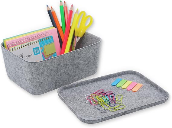 Welaxy Lidded office Desk Drawer Organizer bins Deep Felt Storage Box Gray