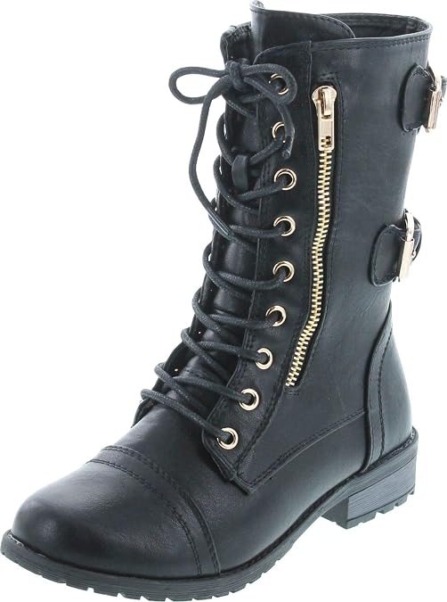 Forever Women's Mango-71 Faux Leather Military Style Ankle Boots Thick Sole Buckles,Black,6