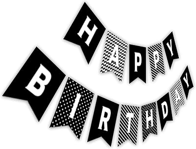 Black & White Birthday Banner, Happy Bday Pennant Decorations, Black Birthday Party Sign
