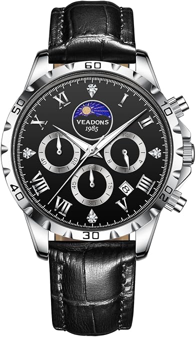 VEADONS Mens Moon Phase Watch Quartz Analog Watch Men Luminous Waterproof Dress Watches, Stainless Steel Chronograph Watches Gifts for Man, Men's Big Face Wrist Watches