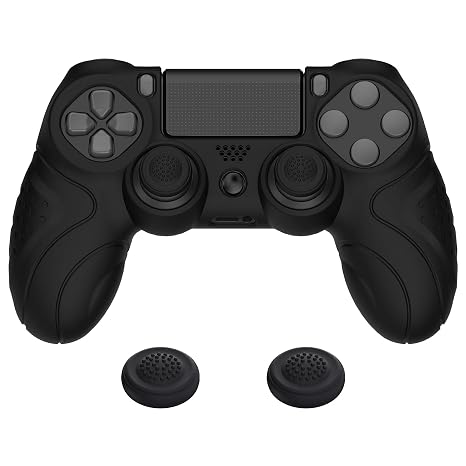 PlayVital Guardian Edition Black Ergonomic Soft Anti-Slip Controller Silicone Case Cover for ps4, Rubber Protector Skin with Joystick Caps for ps4 Slim/Pro Controller