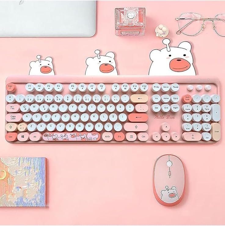 Sevimli Ayıcık Desenli Kablosuz Klavye & Mouse Set, Türkçe Q Klavye, Numerik Tuş Takımı, Renkli Yuvarlak Tuşlar