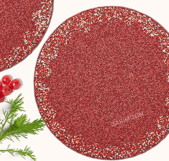 Set of 2 Handmade Beaded placemat, Christmas red Round Table mat, Centerpiece, House Warming Gift, Christmas Decoration Gift for her, Charger Plate ZARIMOON