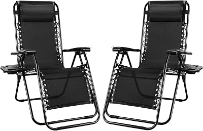 NEWBULIG Zero Gravity Chair Set of 2, Lounge Chair Folding Portable Adjustable Camping Reclining Chairs with Adjustable Pollow, Mesh Back, Cup Holder Trays Lawn Patio Chair for Pool Beach