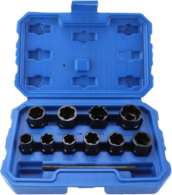 YWHWXB 11pcs Impact Bolt & Nut Remover Set with Solid Storage Case,9-19mm Nut Extractor Twist Socket Tool for Damaged Bolt Screw Nut Tool Set Including a Punch Rod