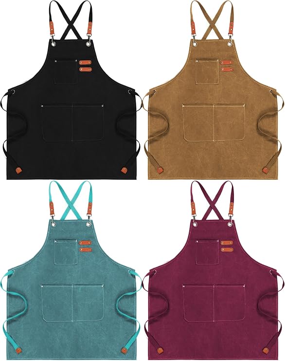 Toulite 4 Pack Canvas Chef Apron for Men with Adjustable Strap Cross Back Cotton Barber Apron with Pocket, 26 x 30