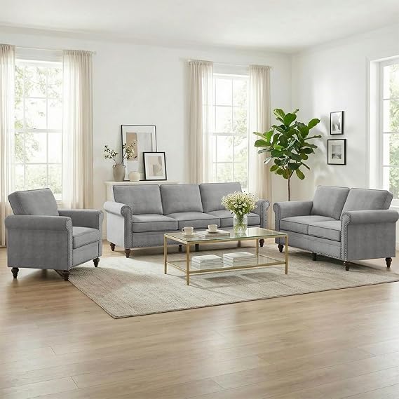 MUZZ 3PCS Sofa Set for Living Room,Modern Linen Couch Set with Nailhead Trim Design, Living Room Furniture Set for Office Apartment Home(Sofa & Loveseat & Chair/Light Grey)