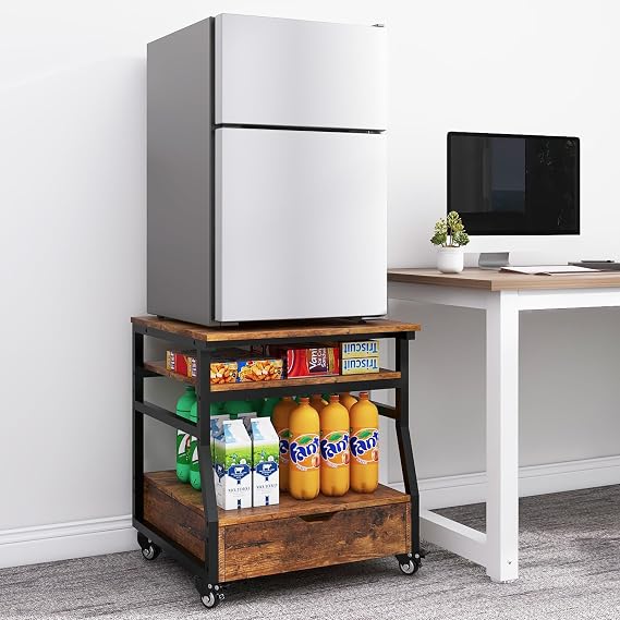 PUNCIA 23.6" x21.7" Mini Fridge Stand with Large Capacity Storage & Drawer | Heavy Duty Fridge Cart Rolling Beverage Refrigerator Table with Wheels Appliance Platform for Dorm Apartment Office Bedroom