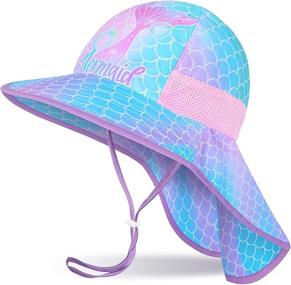 Girls Sun Hat for Kids UV Protection Unicorn Summer Hat Beach Play Hats Wide Brim Neck Flap for Girls Ponytail Hat 2-9 Years