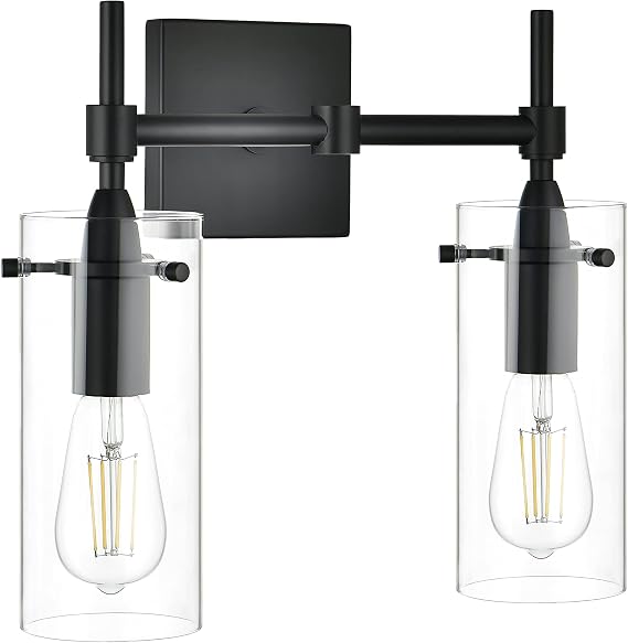 Linea di Liara Effimero Modern Farmhouse Bathroom Vanity Lights Fixtures 2 Lights Over Mirror Matte Black Vanity Lights for Bathroom Light Fixtures Industrial Lighting Clear Glass Covers, UL Listed