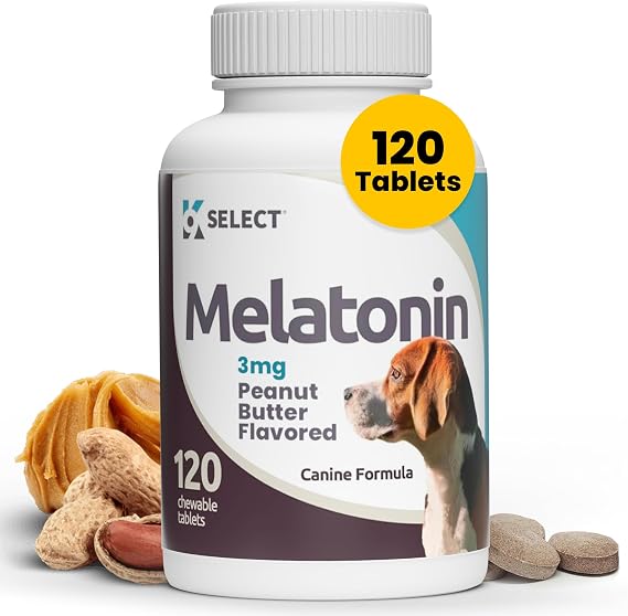 K9 Select Melatonin for Dogs - Calming Aid - Adrenal Support Sleep Aid - Reduce Stress, Pet Melatonin Treats for Medium Sized - 3 mg, 120 Peanut Butter Flavored Tablets