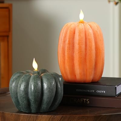 Baquler 2 Pcs Large Pumpkin Figural Flameless Candles with Timer Remote Control 4.7 x 6.7, 4.9 x 4.5 Battery Operated Flame LED Candle for Fall Thanksgiving Halloween HomeGreen,Orange