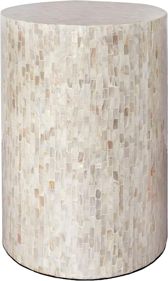 PEMAR Mother of Pearl Cylinder Drum End Table Nacre Side Stool Round Accent Table Coffee Bedside Nightstand and Vanity Stool 13" Diameter x 19.3" High Pearl White & Cream