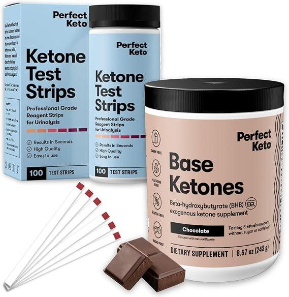 Perfect Keto Ketone Bundle Exogenous Ketones Powder (Chocolate, 8.57 oz) + 100 ct Urine Ketone Test Strips Keto Support & Monitoring Kit for Low Carb/Ketogenic Diets