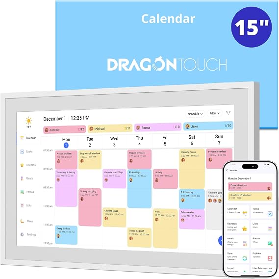Dragon Touch 15.6" Digital Calendar Chore Chart 1080P Full HD Interactive Touchscreen, Smart Family Planner, Hearth Display Digital Calendar Wall & Desk Mountable for Seamless Scheduling