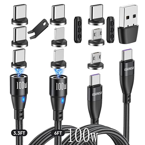 100W USB C to USB C Magnetic Charging Cable (3.3ft+6ft) and 9-Pin Magnetic USB-C Tips (3 Pack) Bundle