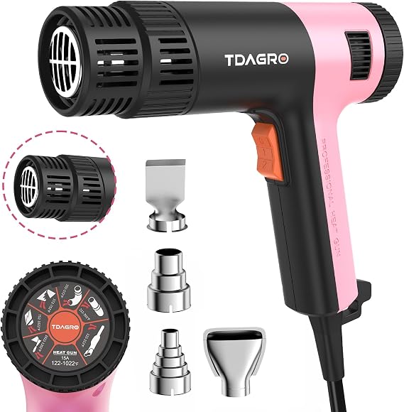 Heat Gun for crafting 1800W, 122F~1202F Variable Temperature Control with 2-Temp Settings 4 Nozzles, 1.5s Fast Heating Mini Heat Gun for Resin, Shrink PVC Tubing/Crafts and Vinyl Wrap(Pink)