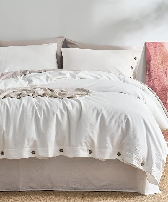 JELLYMONI 100% Washed Cotton White Duvet Cover TwinXL, Linen-Like