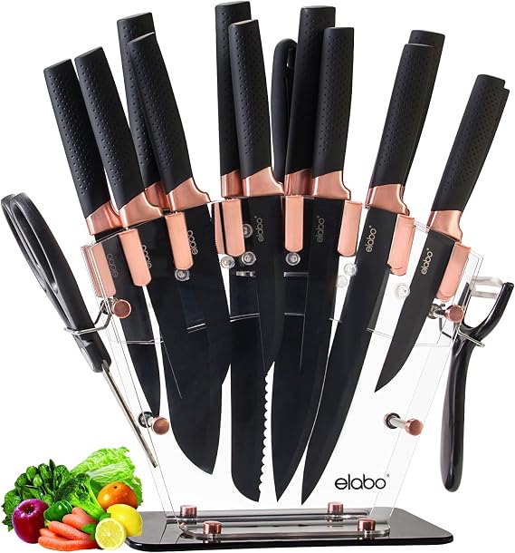 elabo Kitchen Knife Set - 16 Pcs Knife Set with Acrylic Block and Sharpener, Stainless Steel Knives Set for Kitchen Includes Sharp Knives, 6 Serrated Steak Knives, Dishwasher Safe(Rose Gold)