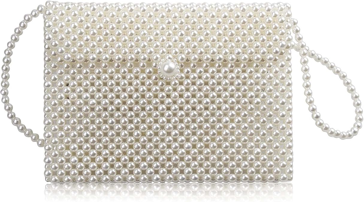 Pearl Bag for Women Girls, Hogoo Luxury White Pearl Bag Chain Bag Beaded Crossbody Bag Big Rectangle Handmade Bags Shoulder Bag Clutch Purse Bag for Wedding Bridal Shower Dinner Party Gifts